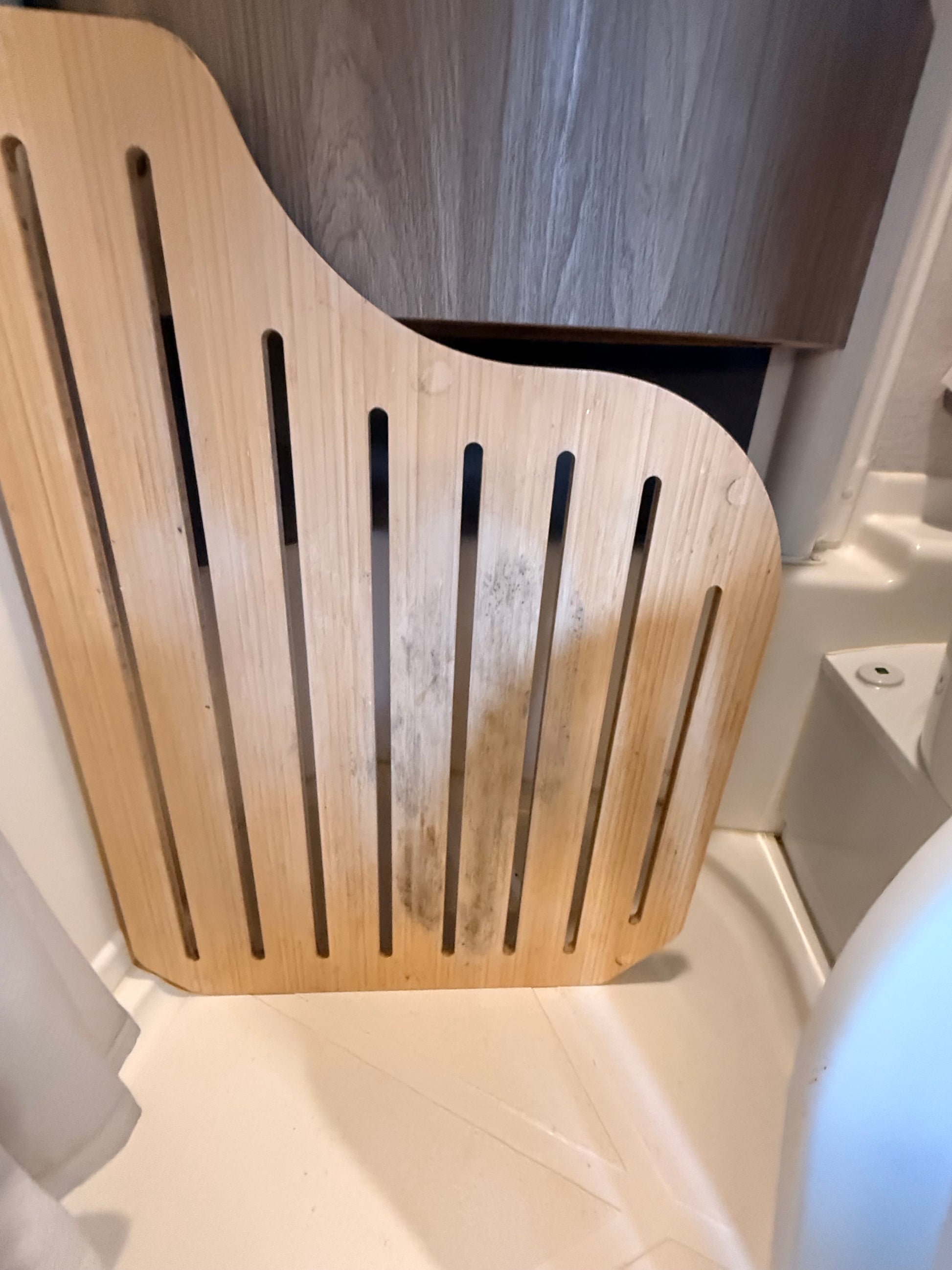 Old wooden shower insert creating mold.